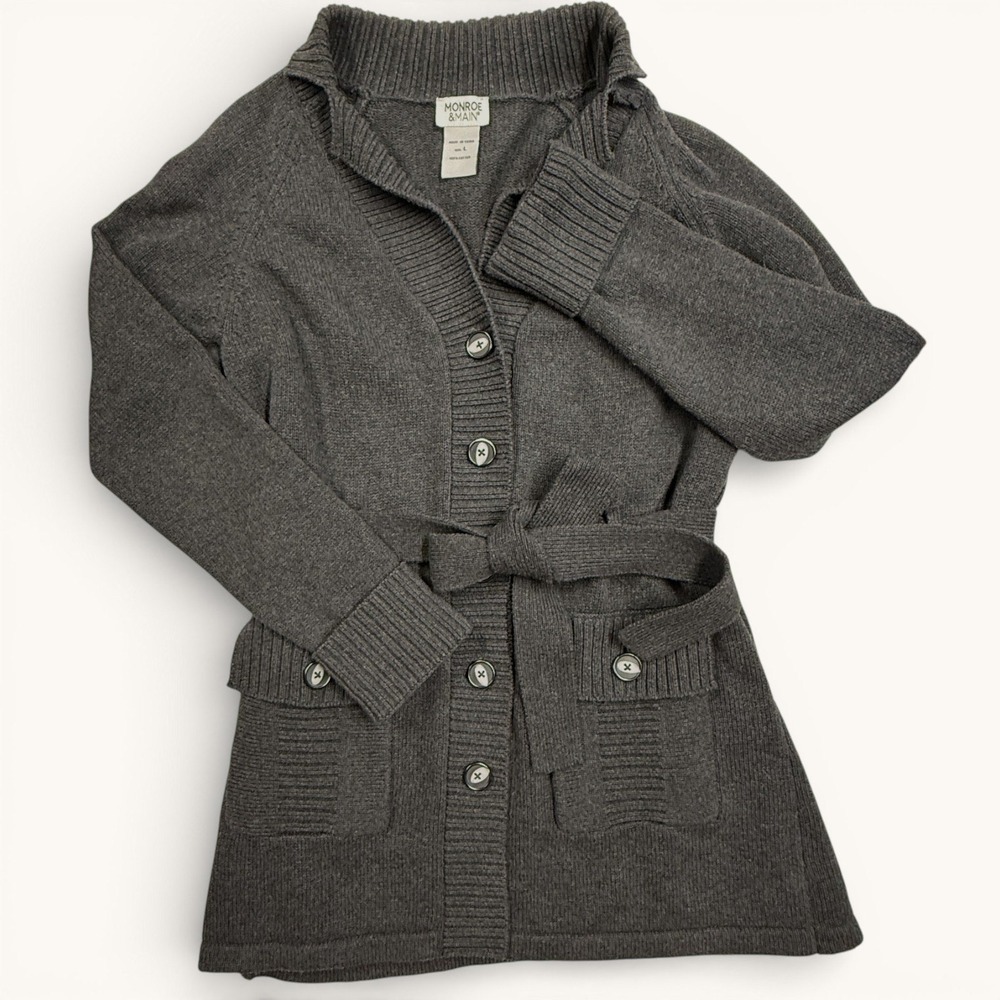 Monroe & Main Belted Knit Cardigan Coat Women's L Charcoal Gray Old Money